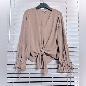 #8)  Elegant Tan V-Neck Blouse with Pleated Sleeves